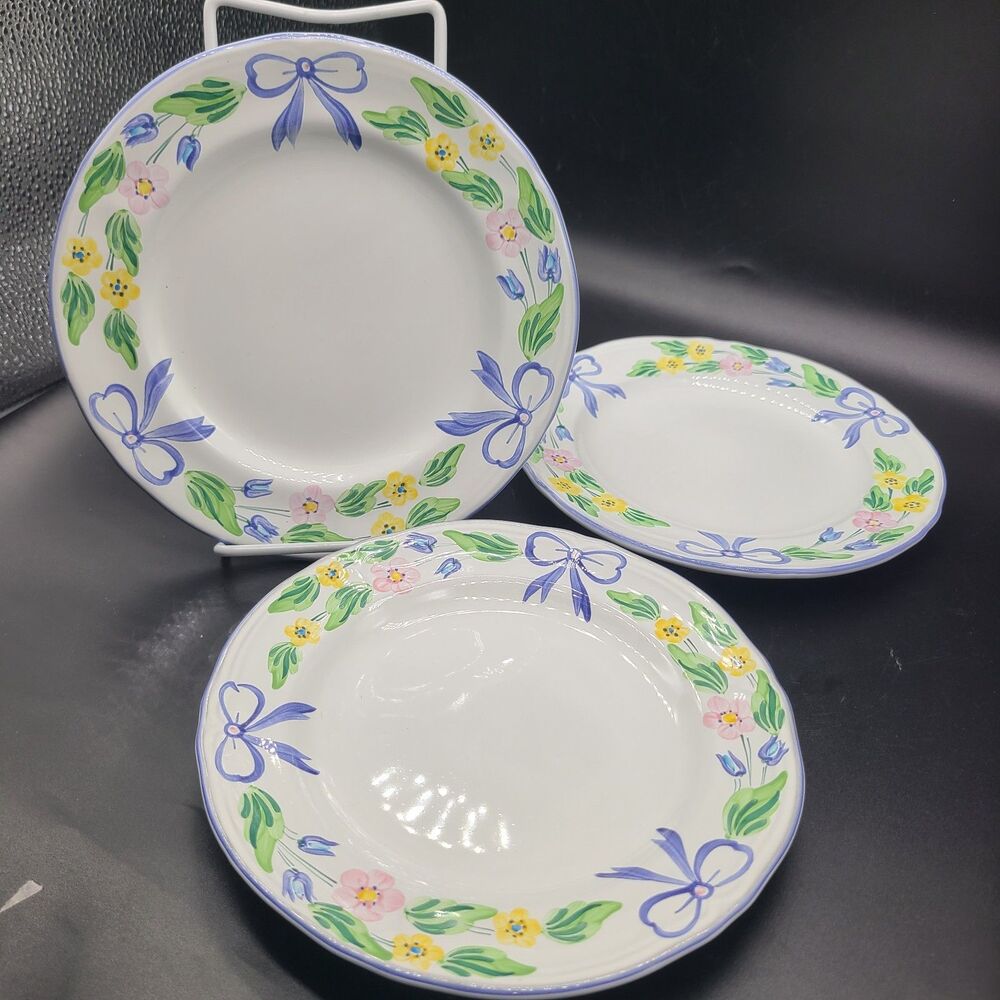 Vintage Herend Hungary  Set (3) Salad Plates Village Pottery Bows Floral NEW
